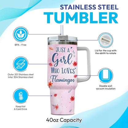 Pink Flamingo Tumbler 40oz – Personalized Stainless Steel Insulated Cup with Handle & Straw – Stylish Gift for Flamingo Lovers