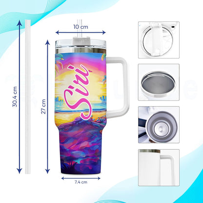 Colorful Sunset Owl Tumbler 40oz with Handle & Straw – Personalized Stainless Steel Insulated Cup with Lid – Unique Gift for Owl Lovers