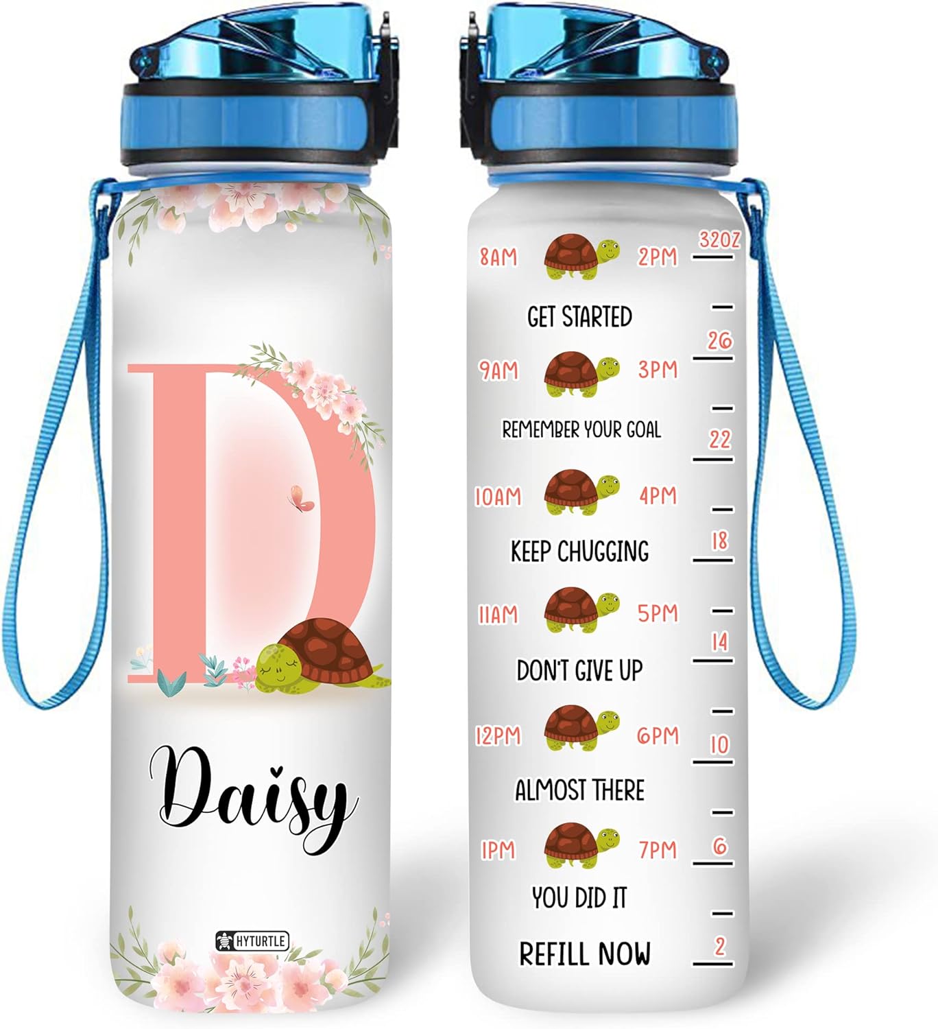 Cute Turtle Floral Pattern - Personalized Water Tracker Bottle 32oz