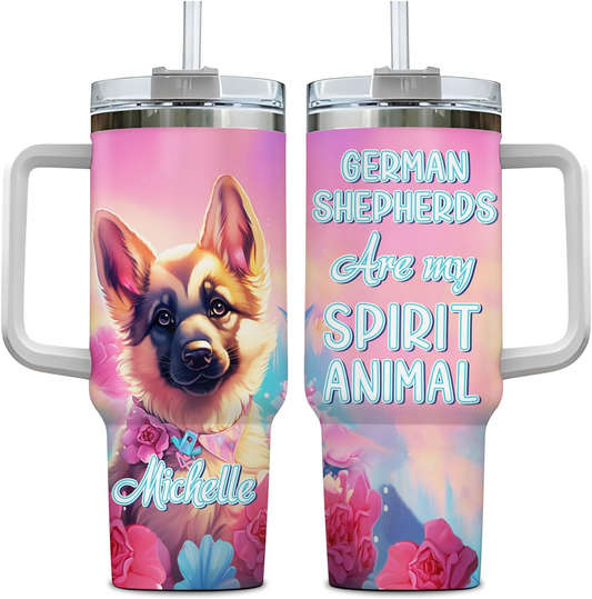 German Shepherd Spirit Animal Tumbler 40oz – Personalized Stainless Steel Insulated Cup with Handle & Straw – Unique Gift for Dog Lovers