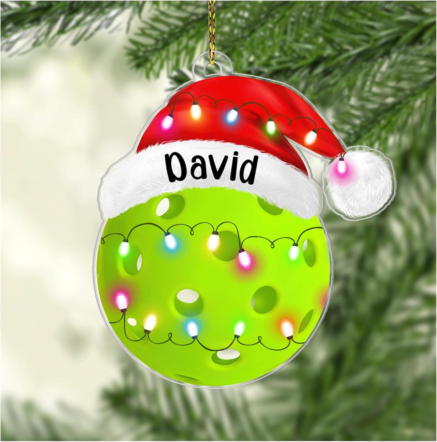 Pickleball ball with Santa hat cut acrylic ornament – personalized 2D flat silhouette, custom name holiday gift for pickleball player, coach or fan