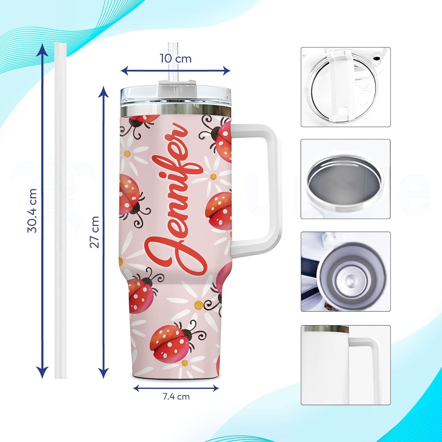 Ladybug Pattern Tumbler 40oz with Handle & Straw – Personalized Stainless Steel Insulated Cup with Lid – Cute Gift for Bug Lovers