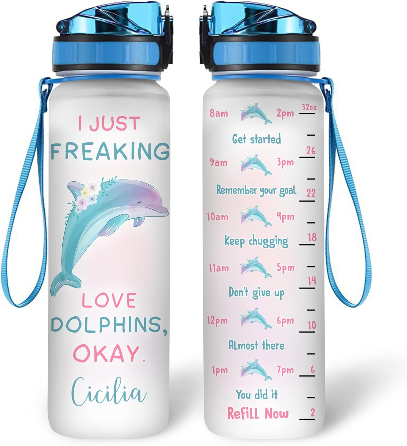 Dolphin Lover 32oz Water Bottle Tracker – Personalized Hydration Bottle with Time Marker – Fun Gift for Ocean & Animal Lovers