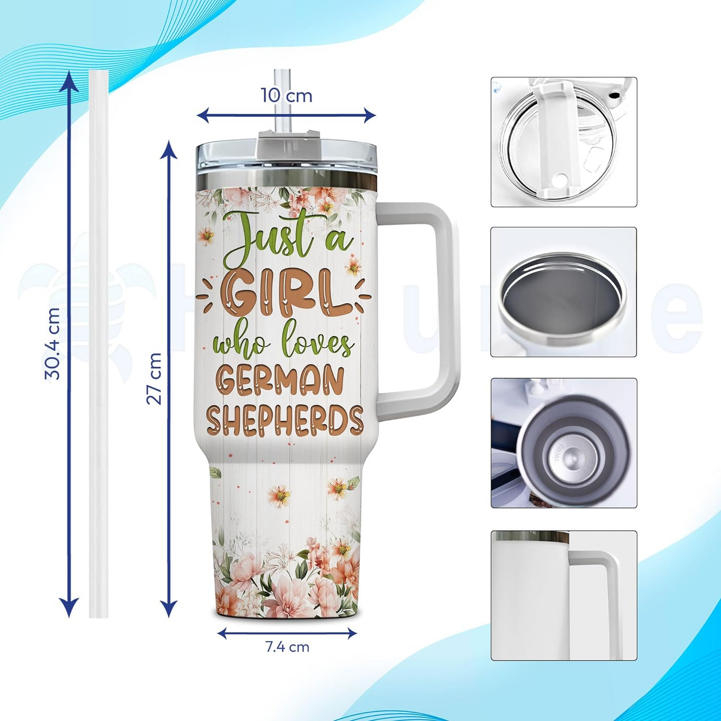German Shepherd Lover Tumbler 40oz with Handle & Straw – Personalized Stainless Steel Cup with Lid – Thoughtful Gift for Dog Lovers