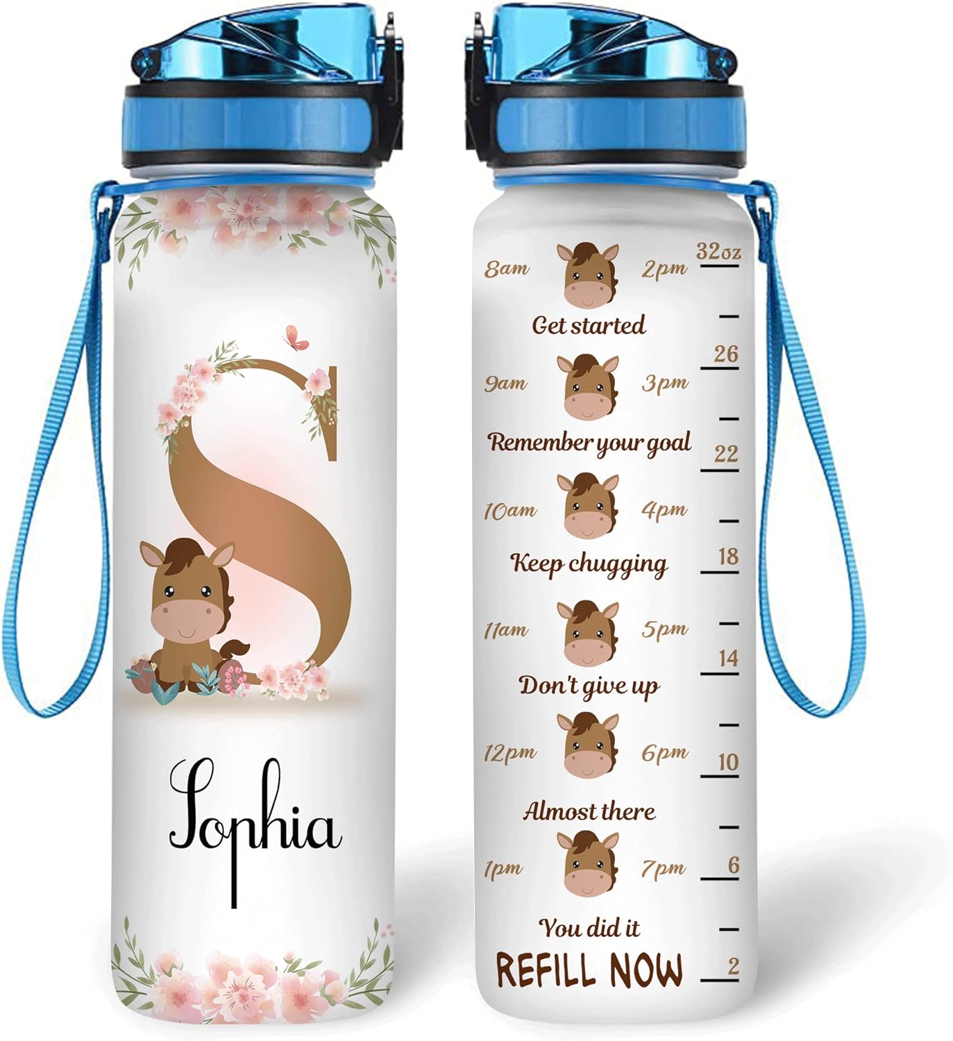 Floral Horses Theme - Personalized Water Tracker Bottle 32oz