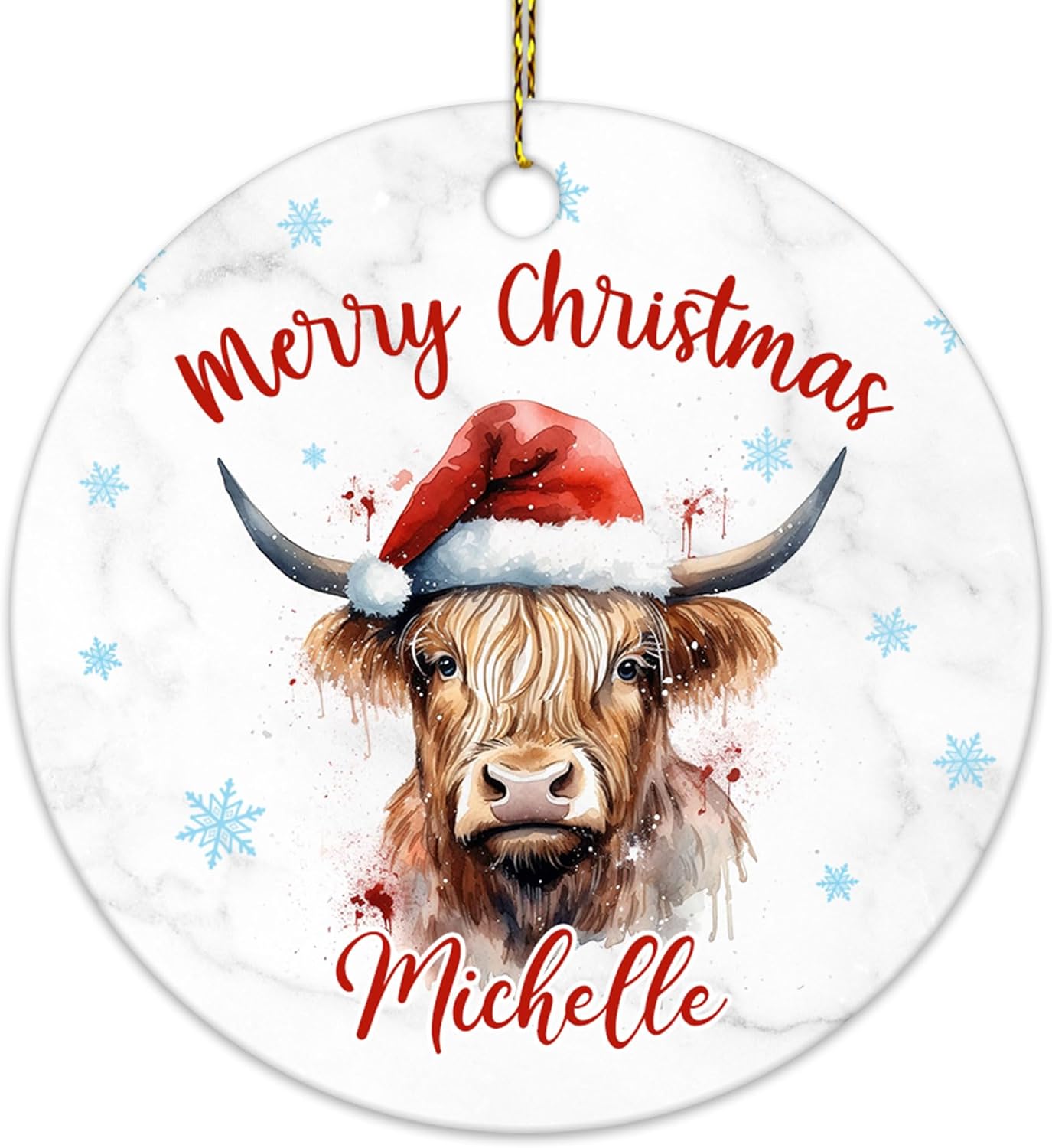 Highland Cow Christmas Ceramic Ornament  Personalized Holiday Decoration with Custom Name  Unique Farm Animal Lover Gift