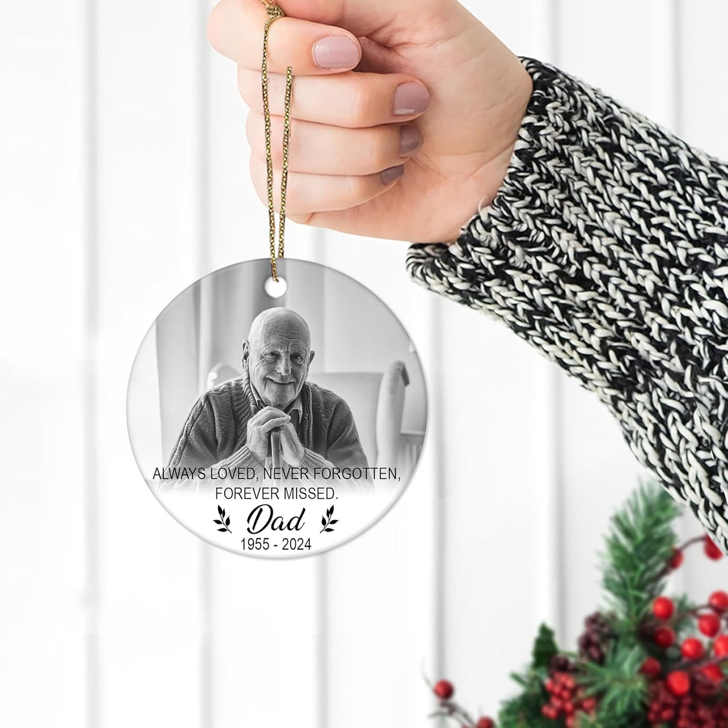 Memorial Photo Script Ceramic Ornament – Personalized Custom Picture Circle Keepsake, Sympathy Christmas Gift for Loss of Loved One