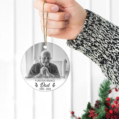 Memorial Photo Script Ceramic Ornament – Personalized Custom Picture Circle Keepsake, Sympathy Christmas Gift for Loss of Loved One