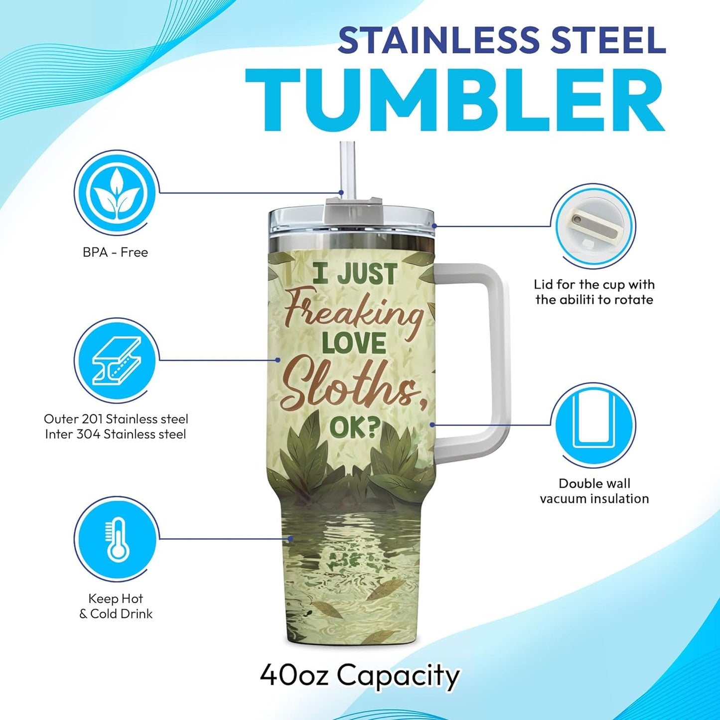 Sloth Jungle Theme Tumbler 40oz with Handle & Straw – Personalized Stainless Steel Insulated Cup with Lid – Fun Gift for Sloth Lovers