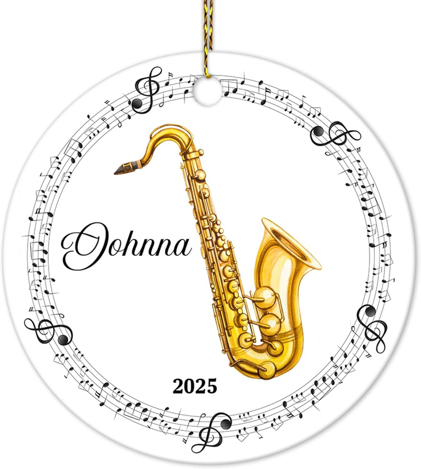 Saxophone with Music Notes Ceramic Ornament – Personalized Name, Custom Christmas Gift for Saxophonist, Band Member or Jazz Lover