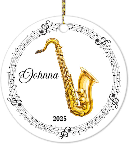 Saxophone with Music Notes Ceramic Ornament – Personalized Name, Custom Christmas Gift for Saxophonist, Band Member or Jazz Lover