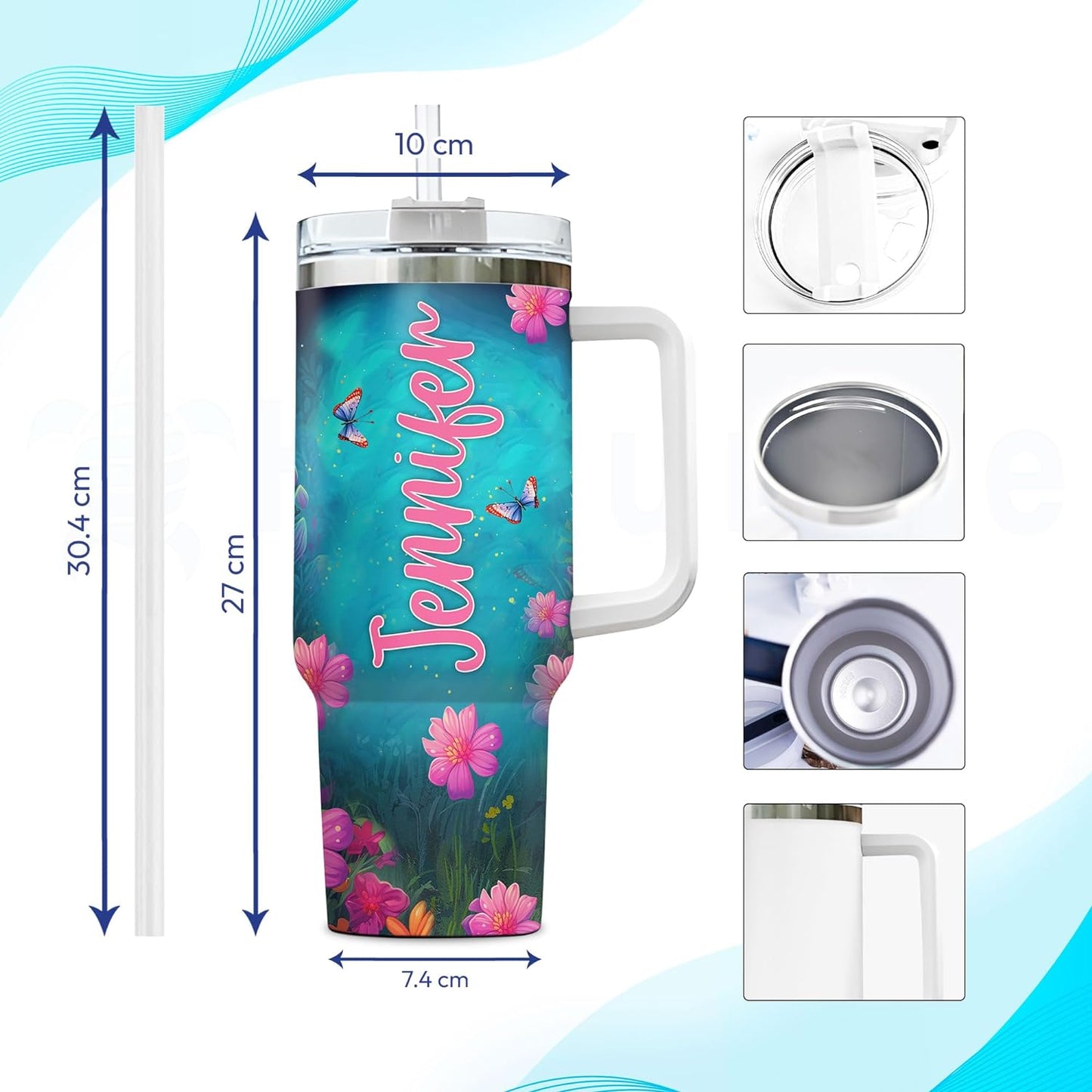 Highland Cow Floral Tumbler 40oz with Handle & Straw – Personalized Stainless Steel Insulated Cup with Lid – Creative Gift for Animal Lovers