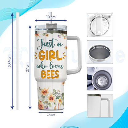 Bee Lover Tumbler 40oz with Handle & Straw – Personalized Stainless Steel Travel Mug with Lid – Cute Gift for Nature & Garden Lovers