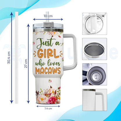 Macaw Tumbler 40oz with Handle & Straw – Personalized Stainless Steel Insulated Travel Cup with Lid – Artistic Gift for Parrot Lovers