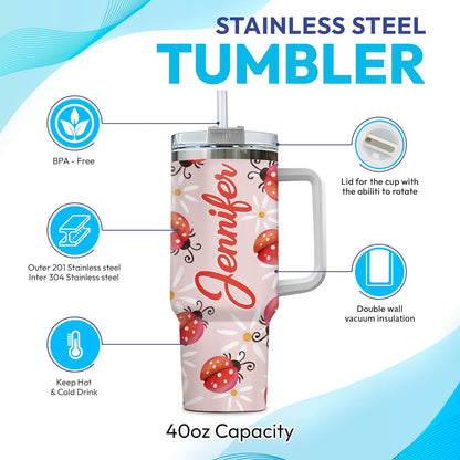 Ladybug Pattern Tumbler 40oz with Handle & Straw – Personalized Stainless Steel Insulated Cup with Lid – Cute Gift for Bug Lovers