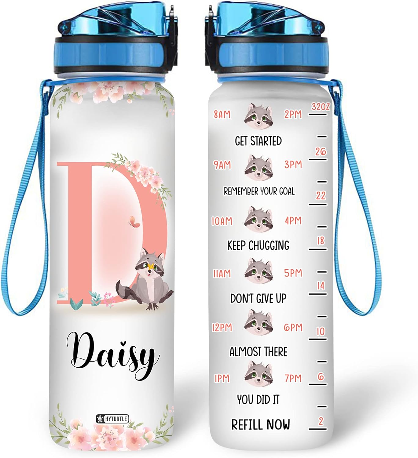 Cute Raccoon Floral Pattern - Personalized Water Tracker Bottle 32oz