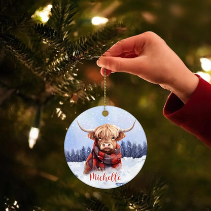 Highland Cow Scarf Ceramic Circle Ornament – Personalized Christmas Gift for Ranch Family or Highland Cow Lover, Cozy Winter Tree Decor