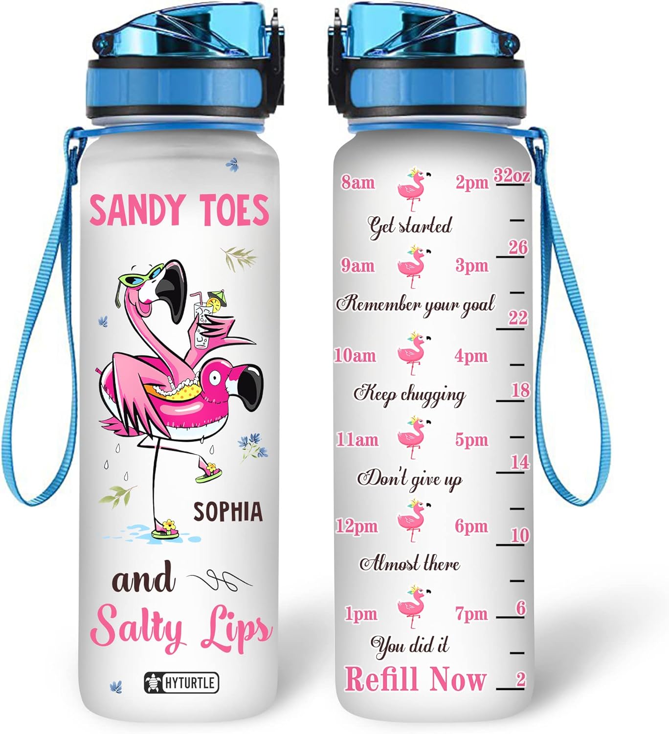 Flamingo Beach Theme Water Bottle Tracker 32oz – Personalized Hydration Bottle with Time Marker – Stylish Gift for Flamingo Lovers