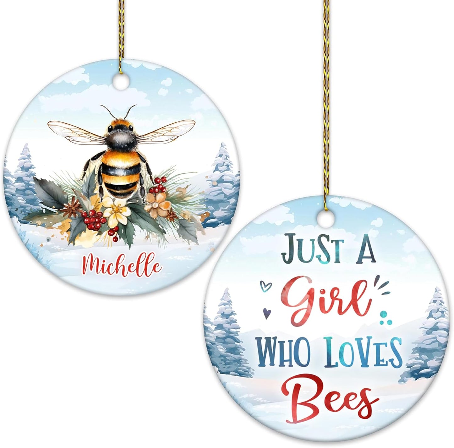 Bee Winter Illustration Ceramic Ornament – Personalized Christmas Gift for Nature Lover, Gardener or Beekeeper