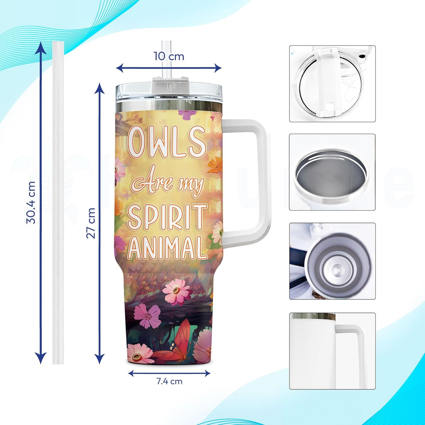 Colorful Owl Tumbler 40oz with Handle & Straw – Personalized Stainless Steel Cup with Lid – Cute Bird Lover Gift for Women & Girls