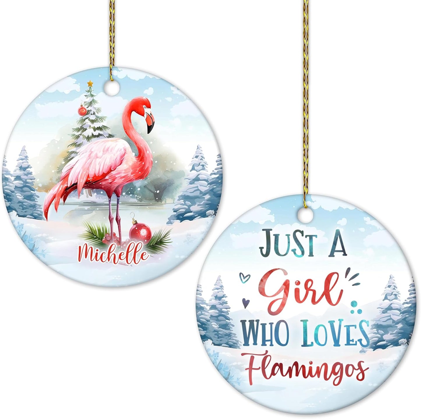Flamingo Winter Scene Ceramic Circle Ornament – Personalized Christmas Gift for Flamingo Lover, Tropical-Chic Tree Decor Keepsake for Her