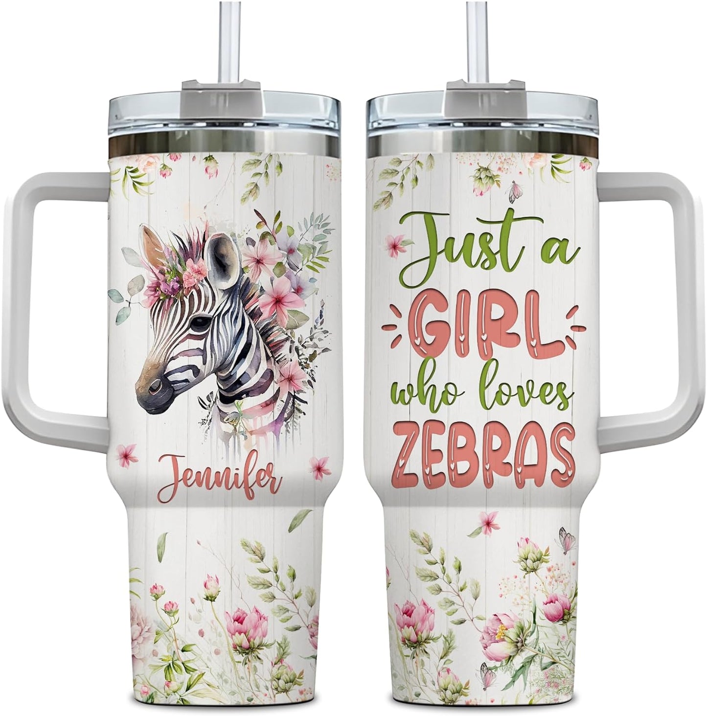 Zebra Floral Tumbler 40oz – Personalized Stainless Steel Insulated Cup with Handle & Straw – Creative Gift for Zebra Lovers