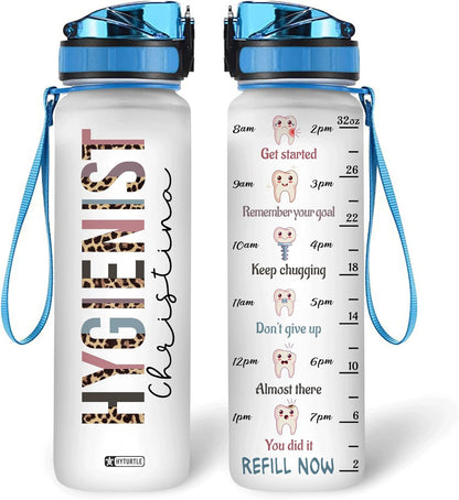 Hygienist Water Bottle Tracker 32oz – Personalized Dental Assistant Hydration Bottle with Time Marker – Practical Gift for Women
