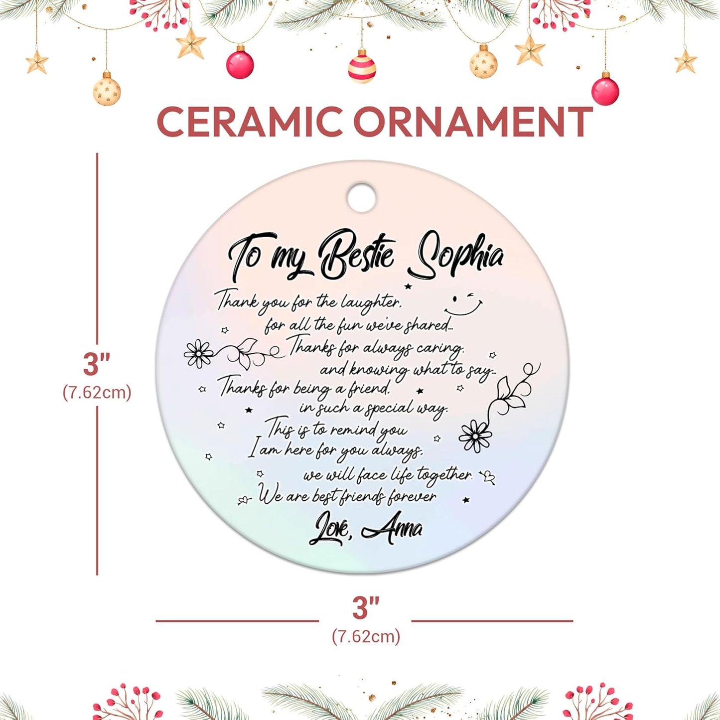Best Friend Letter Script Ceramic Circle Ornament – Personalized Christmas Gift for Bestie, BFF or Soul Sister with Heartfelt Thank-You Note