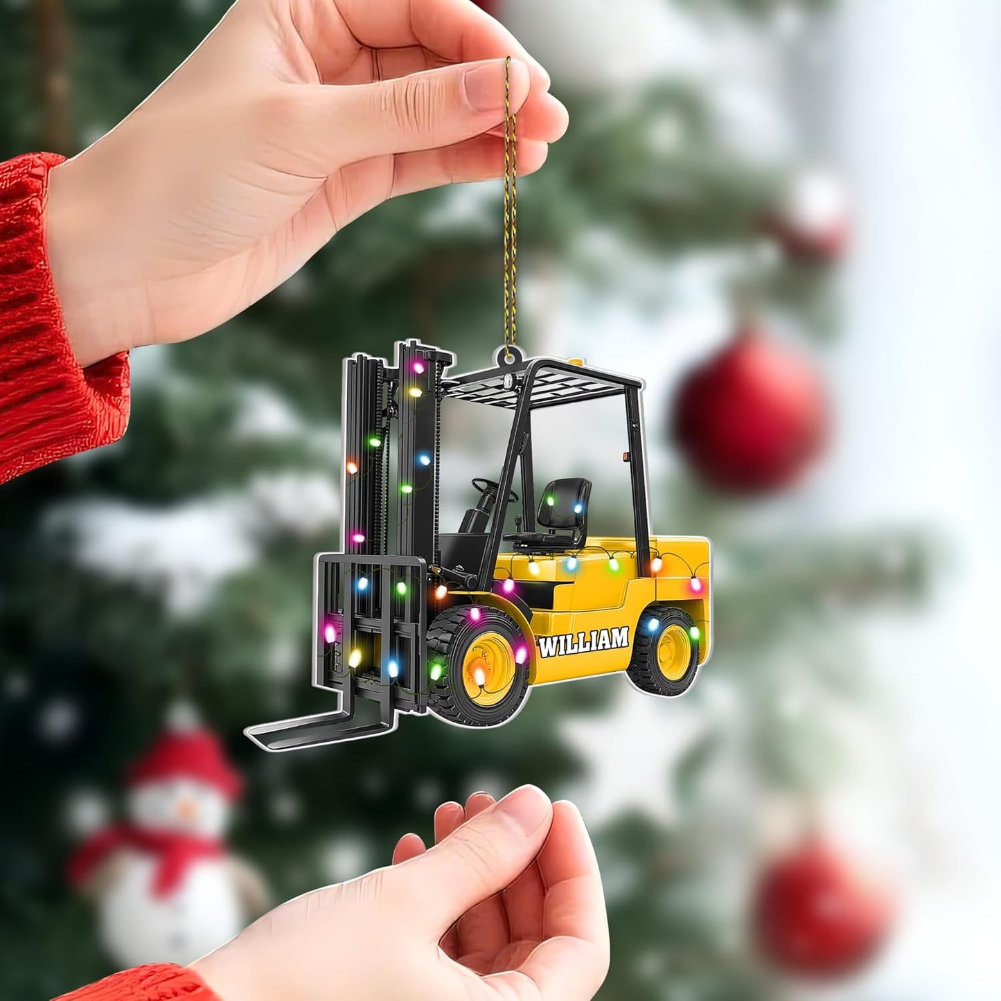 Forklift truck lights cut acrylic ornament – personalized 2D flat silhouette, custom name Christmas gift for warehouse worker, operator or logistics pro