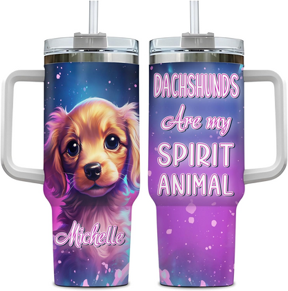 Dachshund Dog Spirit Animal Tumbler 40oz – Personalized Stainless Steel Travel Cup with Handle & Straw – Stylish Gift for Dog Lovers