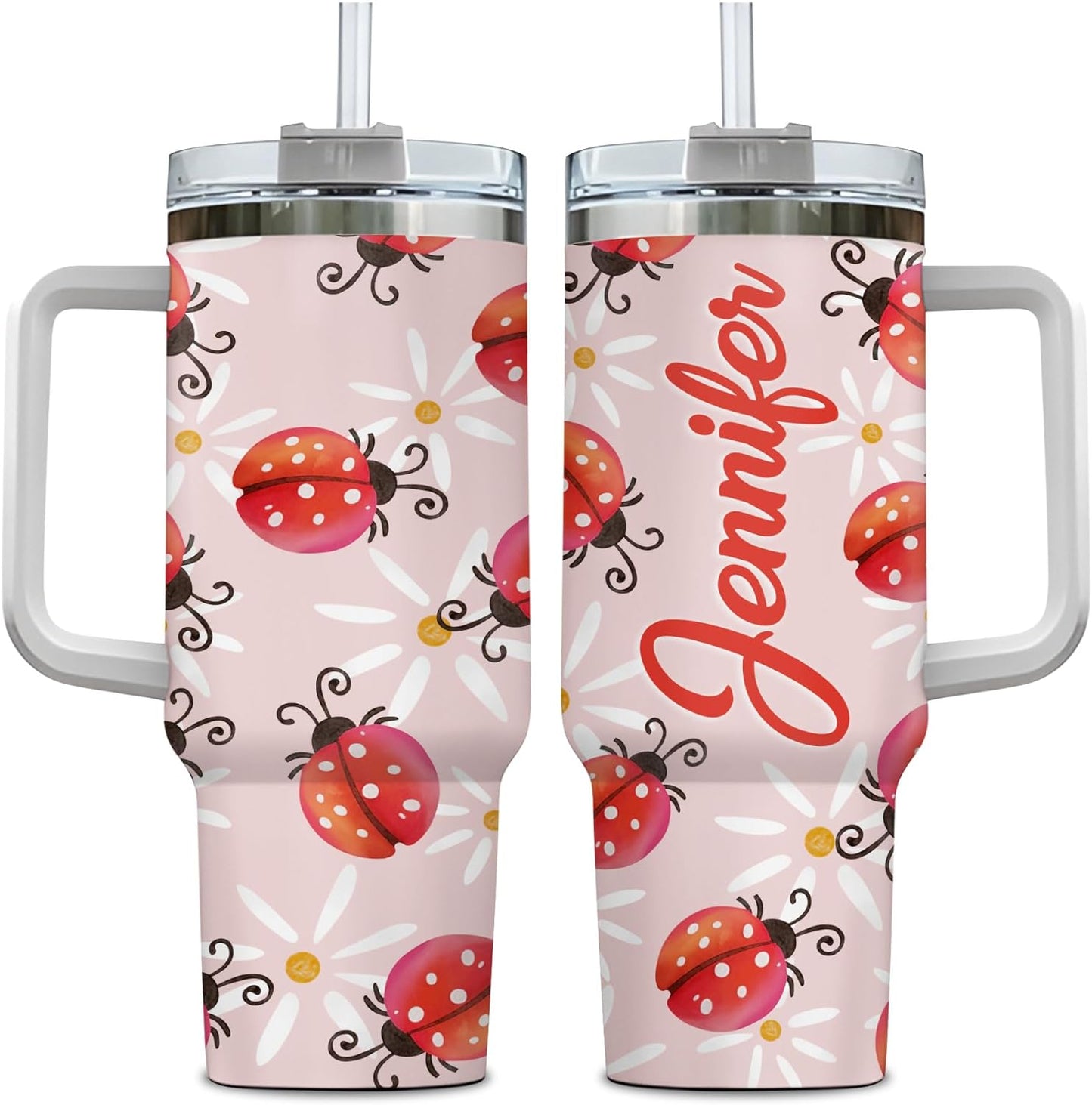 Ladybug Pattern Tumbler 40oz with Handle & Straw – Personalized Stainless Steel Insulated Cup with Lid – Cute Gift for Bug Lovers