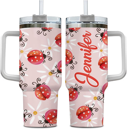 Ladybug Pattern Tumbler 40oz with Handle & Straw – Personalized Stainless Steel Insulated Cup with Lid – Cute Gift for Bug Lovers