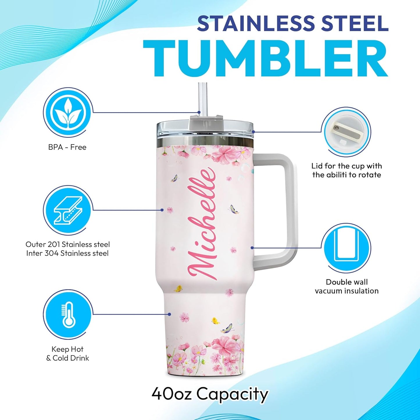 Pink Butterfly Floral Tumbler 40oz – Personalized Stainless Steel Insulated Cup with Handle & Straw – Unique Gift for Butterfly Lovers