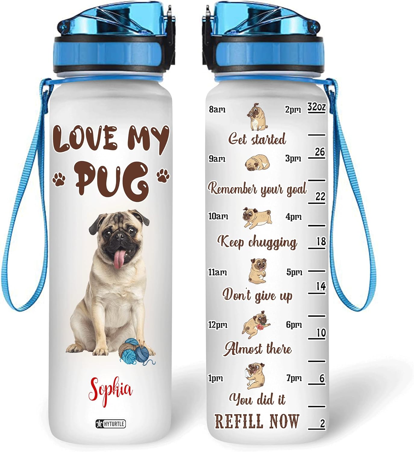 Love My Pug Water Bottle Tracker 32oz – Personalized Motivational Bottle with Time Marker – Cute Gift for Dog Lovers