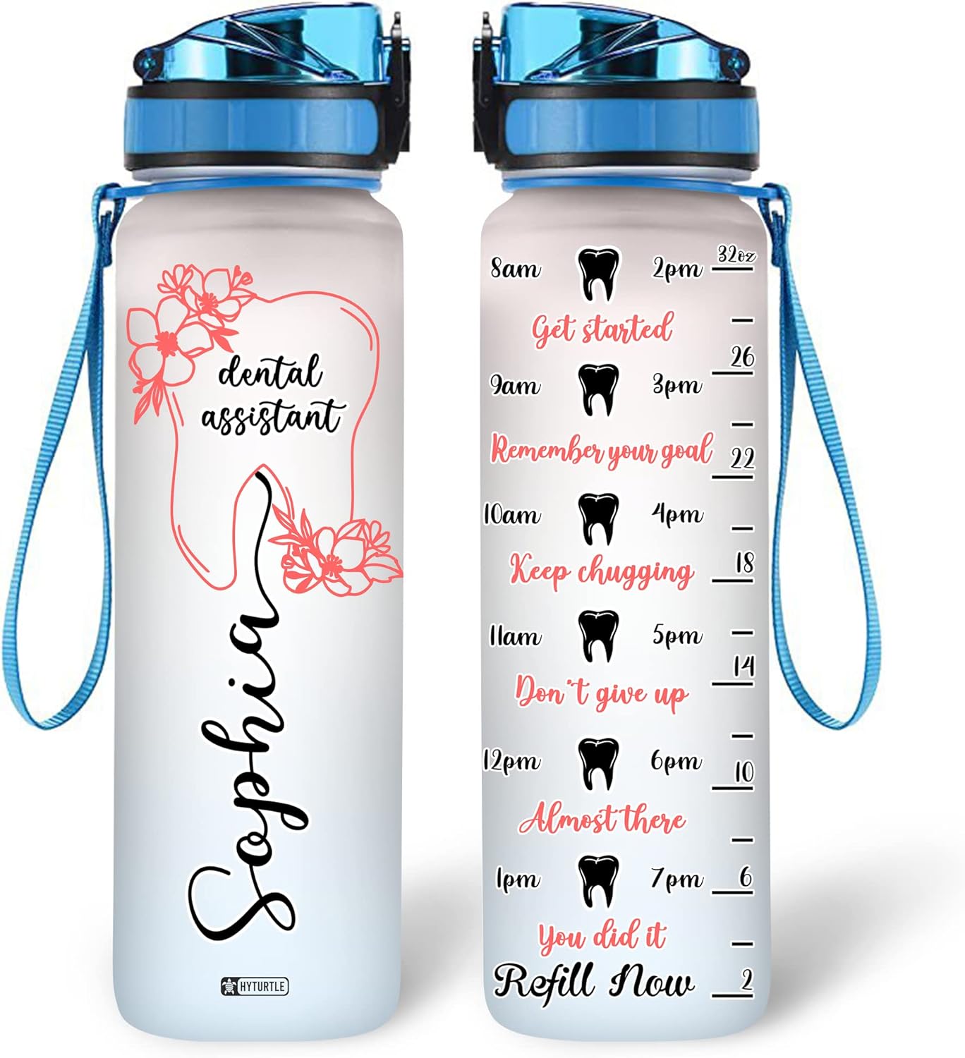 Dental Assistant Water Bottle Tracker 32oz – Personalized Hydration Bottle with Time Marker – Gift for Dentist & Hygienist