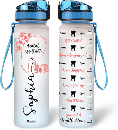 Dental Assistant Water Bottle Tracker 32oz – Personalized Hydration Bottle with Time Marker – Gift for Dentist & Hygienist