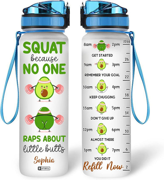Funny Avocado Fitness Water Bottle Tracker 32oz – Personalized Motivational Bottle with Time Marker – Creative Gift for Gym Lovers
