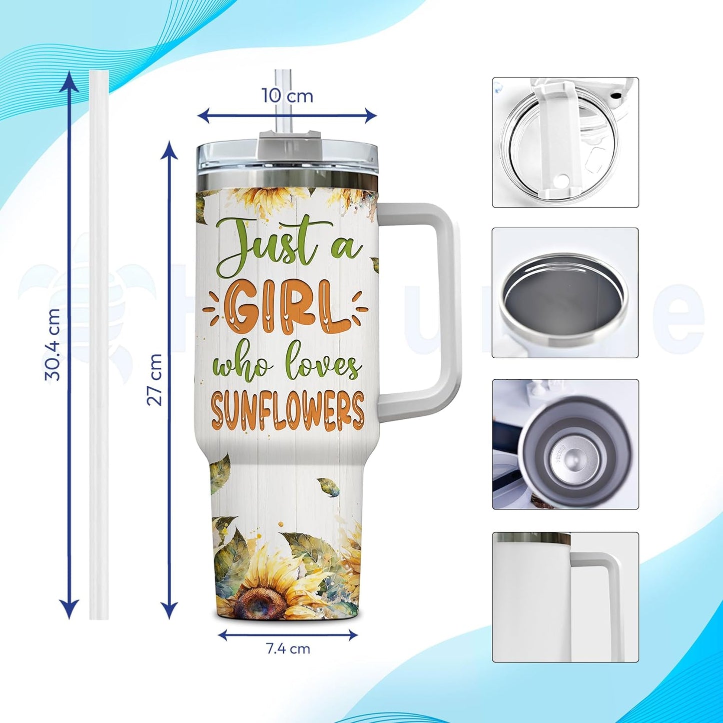 Watercolor Sunflower 40oz Tumbler with Handle & Straw – Personalized Stainless Steel Insulated Travel Cup with Lid – Stylish Floral Gift for Women