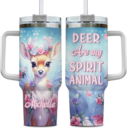 Floral Deer Tumbler 40oz with Handle & Straw – Personalized Stainless Steel Insulated Cup with Lid – Cute Animal Gift for Women & Girls
