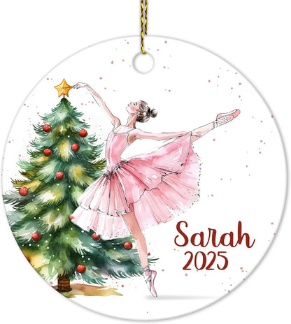 Ballet Dancer by Christmas Tree Ceramic Ornament – Personalized Name Keepsake, Custom Christmas Gift for Ballerina Girl, Dance Student or Teacher