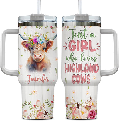 Highland Cow 40oz Tumbler with Handle & Straw – Personalized Stainless Steel Insulated Travel Cup with Lid – Unique Farm Animal Gift for Women