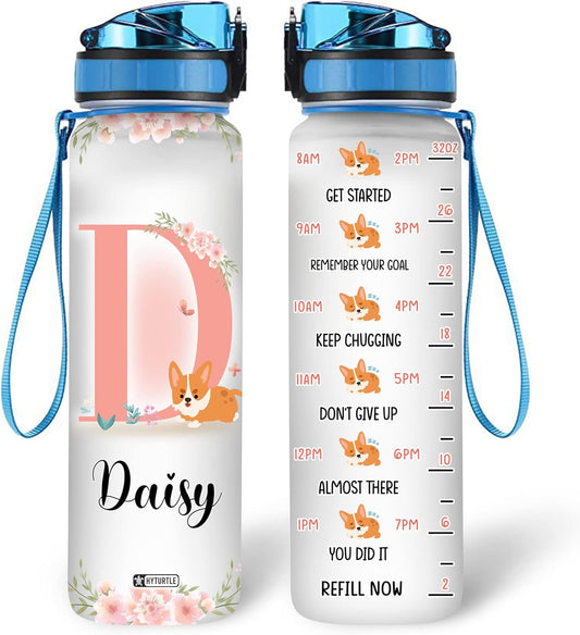 Cute Dog Floral Pattern - Personalized Water Tracker Bottle 32oz
