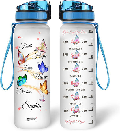 Faith Hope Love Butterfly Water Bottle Tracker 32oz – Personalized Inspirational Gift for Women & Butterfly Lovers