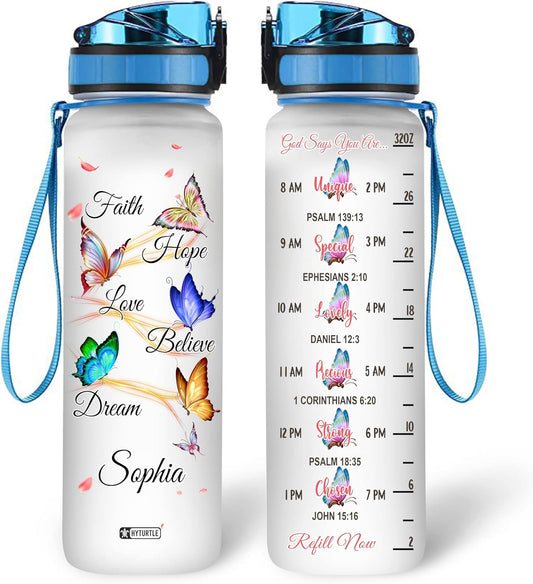 Faith Hope Love Butterfly Water Bottle Tracker 32oz – Personalized Inspirational Gift for Women & Butterfly Lovers