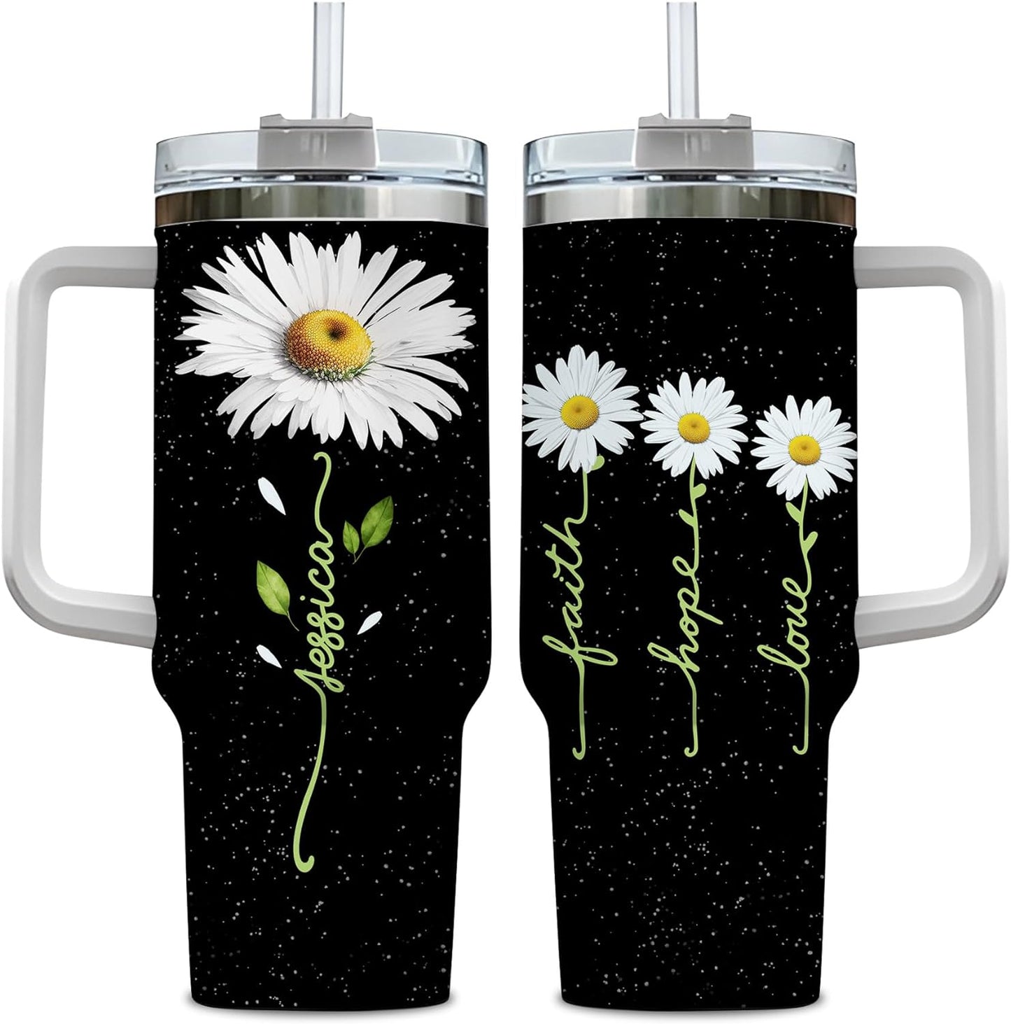 Daisy Flower Tumbler 40oz with Handle & Straw – Personalized Stainless Steel Insulated Travel Cup with Lid – Stylish Floral Gift for Women