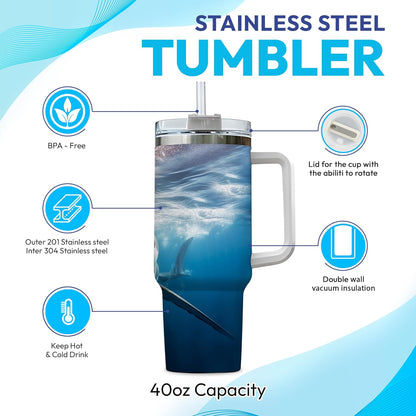 Great White Shark Tumbler 40oz – Personalized Stainless Steel Insulated Cup with Handle & Straw – Bold Gift for Shark Lovers