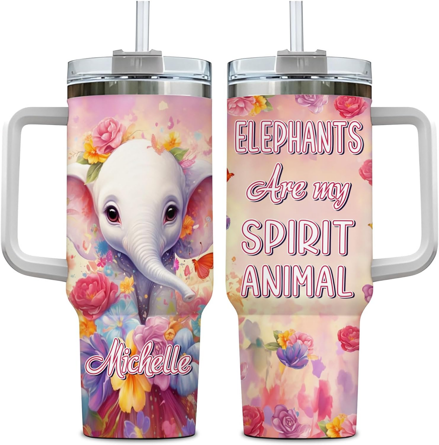 Elephant Lover Tumbler 40oz with Handle & Straw – Personalized Stainless Steel Insulated Cup with Lid – Unique Birthday Gift for Women & Girls