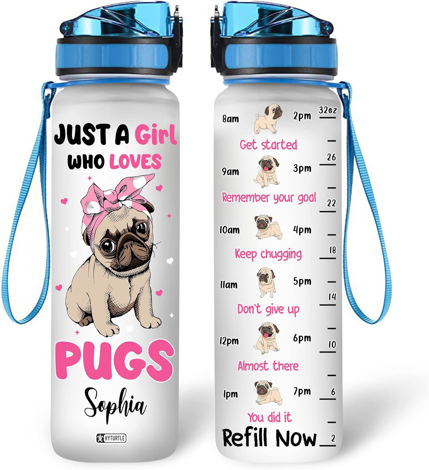Just a Girl Who Loves Pugs Water Bottle Tracker 32oz – Personalized Dog Lover Gift for Women & Girls