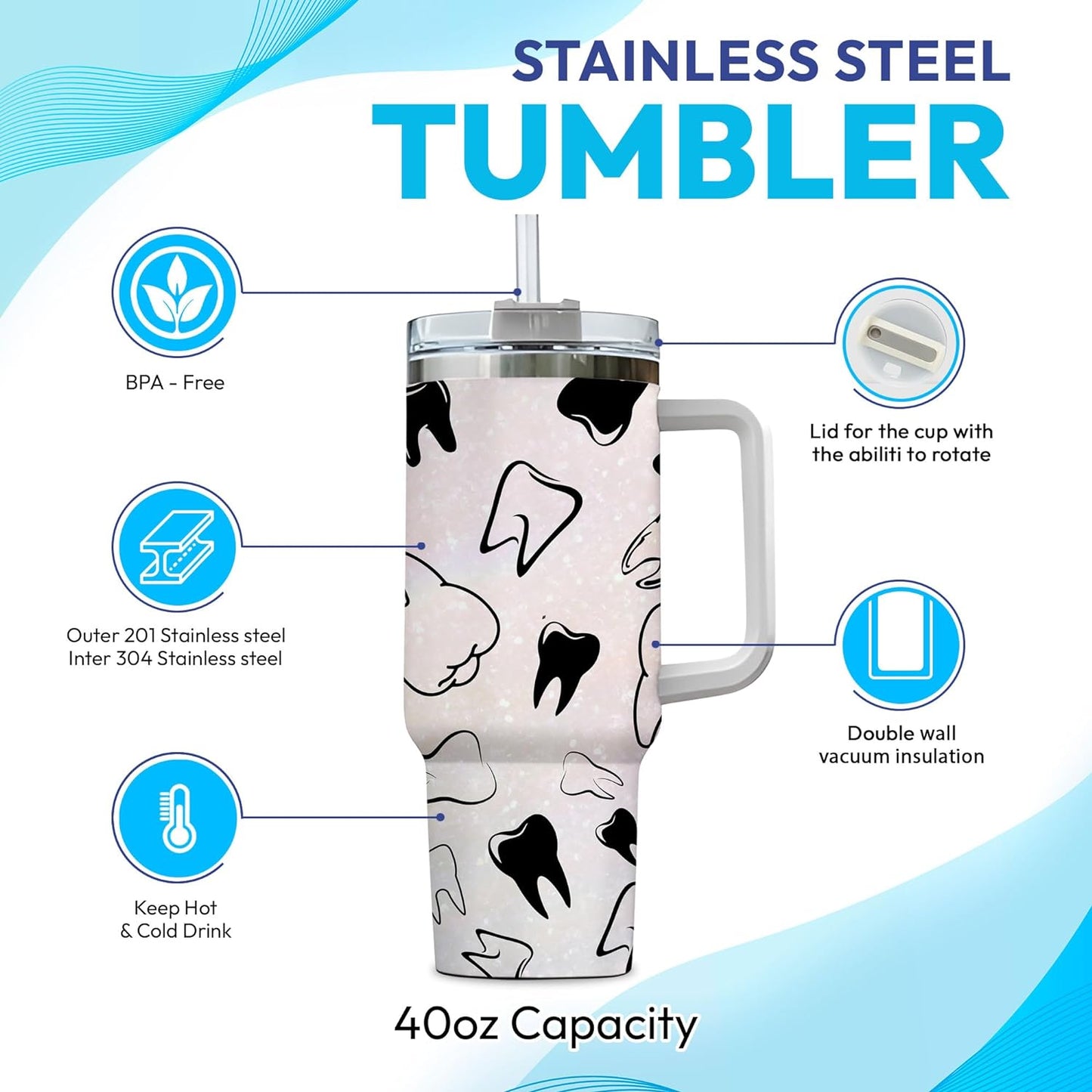 Dentist Themed Tumbler 40oz with Handle & Straw – Personalized Stainless Steel Travel Cup with Lid – Fun Gift for Dental Professionals