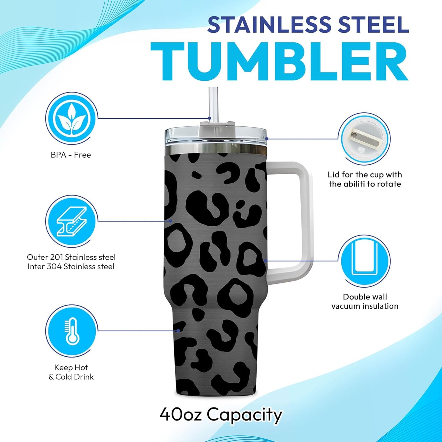 Black Leopard Print Tumbler 40oz with Handle & Straw – Personalized Stainless Steel Insulated Cup with Lid – Stylish Gift for Women
